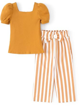 PatPat Ensemble vêtements fille garçon encolure carrée, manches bouffantes pantalons à rayures. Tenue décontractée printemps enfants T-shirt mode et tenue pantalon complet filles 3 à 12 ans l'été.