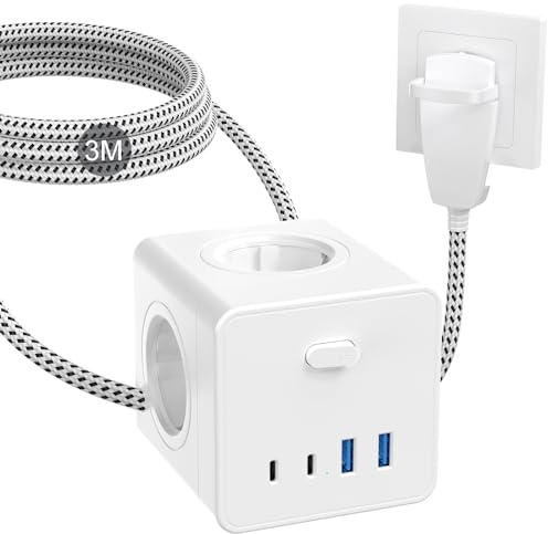 Cube de Prises avec USB, 8 en 1 Multiprise Cube avec 2 USB-A & 2 USB-C, 4 Prises Plates avec Interrupteur, Multiprise Distributeur de Prises avec Câble tressé 3M, Blanc