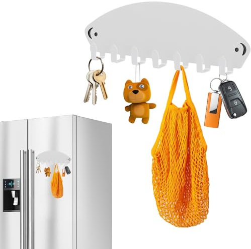 Lunhoo Magnetic Hook Rack, Magnetic Key Holder for Wall 7 Hooks, Wall Mount Keychain Hanger for Refrigerator, Metal Cabinet, Grills, Dishwasher (White)