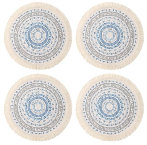 33CM Runde Gewebte Platzsets, 4er Set Mandala Boho Tischsets mit Quaste, Hitzebeständige Platzdeckchen rutschfest, Baumwolle Waschbar Platzsets für Esszimmer, Küche, Hochzeit Tischdekoration