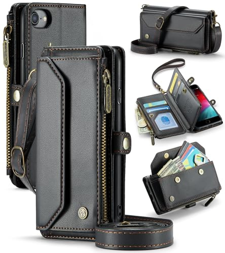 UFinetech Crossbody Wallet Case Hülle für iPhone 6/7/8, für iPhone SE (2./3. Gen) Hülle - RFID-Blockierung, Kabelloses Laden, Stoßschutz, Verstellbarer Gurt, Kartenfächer, PU-Leder, Ständer, Schwarz