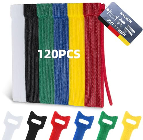 KACNON 120 Stück Klettband Kabelbinder - 150x12 mm, 6 Farben, Wiederverwendbar, Verstellbar für Haus, Büro und Garten