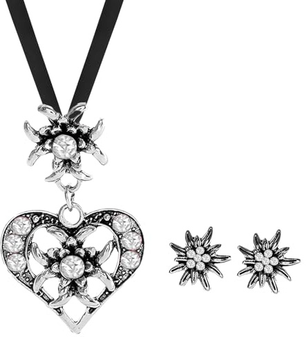JENCVNL 3 Stück Trachtenschmuck Damen, Oktoberfest Bayerisch Dirndlschmuck Trachtenkette mit Strass Edelweiß Herz Anhänger Ohrstecker für Damen für Bierfest Trachten Dirndl Accessoires