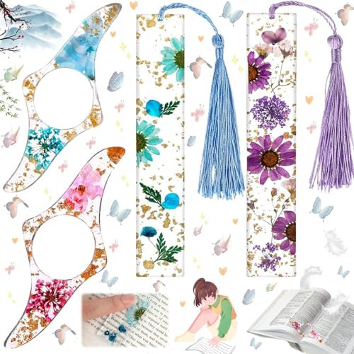 Liekadijiae 4 Stück Getrocknete Blume Harz Lesezeichen, Handgemachte Lesezeichen mit Quaste, Lesezeichen Aus Natürliche Getrocknetem Blumenharz, Daumenringe Handgefertigtes Blumen-Lesezeichen