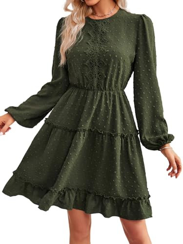 IFFEI Women Dresses Long Sleeve Crew Neck Swiss Dot Solid Casual Ladies Midi Dress M Dark Green