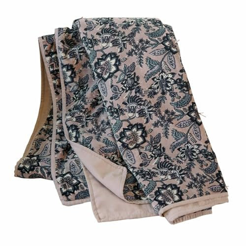 Loberon Plaid Elarion, Florales Muster, Handgefertigt, Weiche Haptik, Kunstvoll Bedruckt, mit Losen Fäden Verziert, Tagesdecke, Überwurf, Baumwollsamt, Altrosa/blau