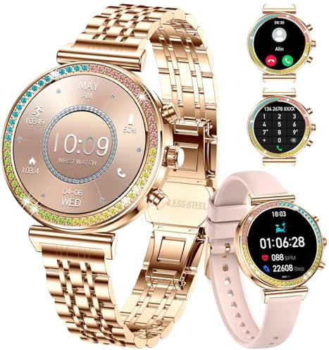 TYBERLEY Smartwatch da donna schermo HD da 1,27 pollici Bluetooth chiamate fitness tracker smartwatch sportivo per telefoni Android iOS cardiofrequenzimetro/monitoraggio del sonno/IP67 (oro)