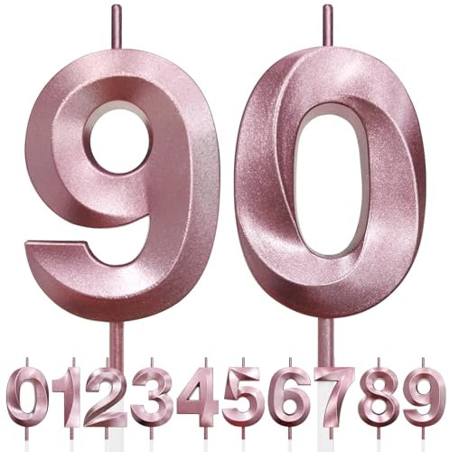 90th Birthday Candle, 3D Design Rose Gold Glitter Number Candles, Cake Topper Decorations, Cake Candle for Birthday Party, Wedding Anniversary, Baby Shower, Party Decoration (Pink Gold)