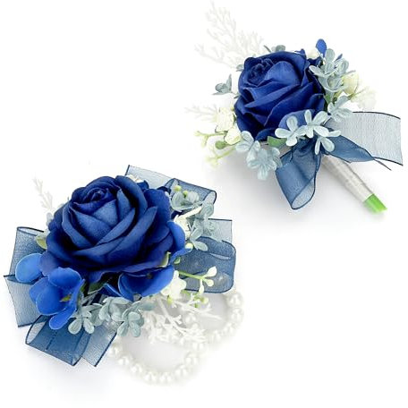 AWARDSEN Blaue Ansteckblume und Ansteckblume Set für Abschlussball, Dekoration, Sllik Corsage, Handgelenk, Ansteckblume für Herren, Ansteckblume für Hochzeit, Party, Anzug, Dekor