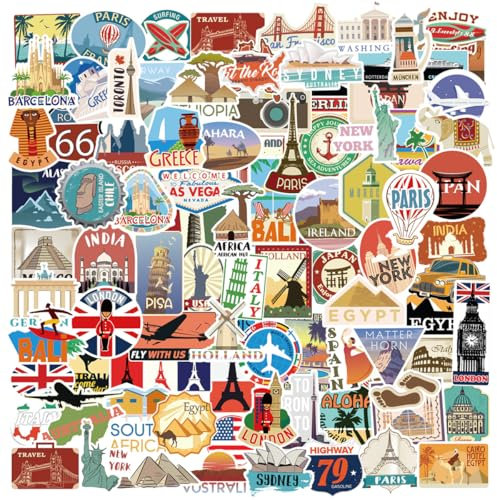 PNGIF Reisen Sticker 200 Stück, Weltreisekarte Aufkleber für Koffer Scrapbook Journal Kindle Skateboard Laptop Motorrad Snowboard Gepäck Graffiti Wasserfeste Stickerbomb