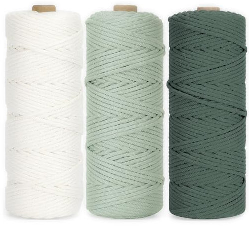Makramee Garn 3 mm x 100 m, 3 Stück Baumwollkordel, Makramee Garn Set, Baumwollkordel Natur 3mm, Makramee Grün für Basteln Stricken Boho Deko DIY Handwerk, Cotton Cord Macrame, Bobbiny 3mm
