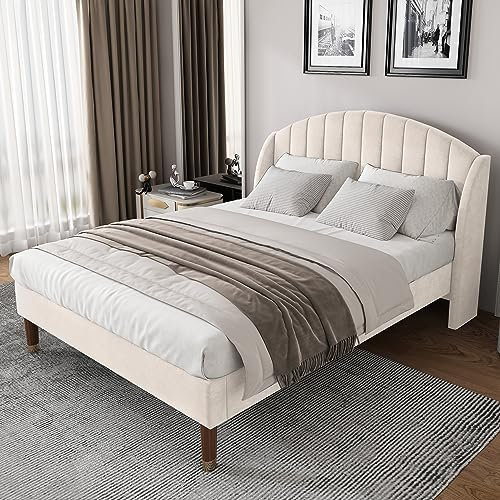 BTM Lit 140 x 190 avec Sommier, Lit Cadre Double en Velours avec Tête de Lit à Lattes en Bois Massif, 140x190 Bed Capitonné 2 Personnes Place pour Adultes, Beige (sans Matelas)