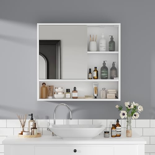 LSLIFE Bathroom Mirror Cabinets Wall Mounted, 2 Door Bathroom Storage Cabinet White Modern Wall Hanging Storage Cabinet with Mirror 70 (W) x 65(H) x 17(D) cm (Without Light)