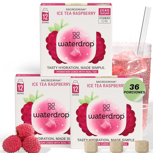 waterdrop® Microdrink, Té Frio FRAMBUESA, 36 Pastillas Saborizantes Para Agua SIN AZÚCAR, Té NEGRO, Con VITAMINAS, Refresco Instantaneo Sin Calorias, Infusiones Variadas Polvo, Ice Tea