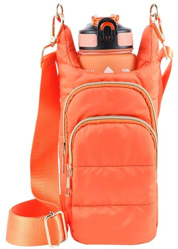 Water Bottle Holder with Strap Water Bottle Carrier Bag with Strap Quilted Puffer Hydrobag Sling Purse Crossbody Bags for Women Walking Hiking Cycling, Orange