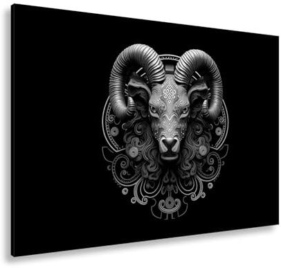 deyoli Leinwandbild Sternzeichen Mystischer Widder mit Ornamenten auf dunklem Grund Format:70x50cm Effekt:Schwarz&Weiß XXL Kunstdruck Bild auf Keilrahmen/Wandbild/Wohnzimmer Dekoration