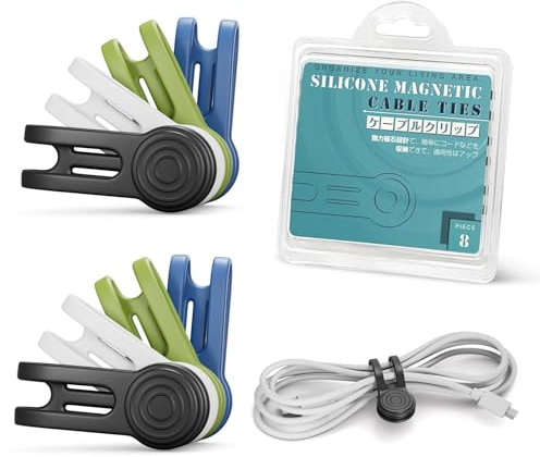 Xrkuu Magnetic Cable Ties 8 Pcs, Reusable Elastic Cable Organiser, Silicone Cord Organiser Straps with Prevent Loss Hole for Management Bundling, Wires, Charger, Earphone (Black, White, Green, Blue)