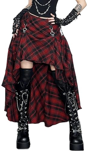 Ausing Damen Rock Kariert Unregelmäßig Tennisrock Mini/Midi/Lang/Kurze Röcke Hohe Taille A-Linie Skater Rock Vielseitig Plaid Gefaltete Gitterrock Größe S-L
