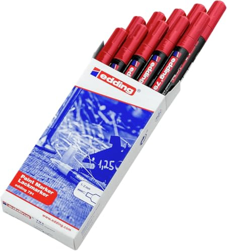 edding 791 paint marker - red - 10 pens - thin round nib 1-2 mm - paint marker for marking and labelling metal, glass, stone or plastic - highly opaque, permanent, smudge-proof