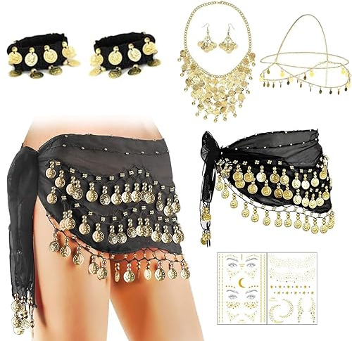 Wryzorix Wahrsagerin Kostüm, 9 Sets Schmuck Set Bauchtanz Hüfttuch Bauchtänzerin Wahrsagerin Accessoires, Zigeunerin Orientalisches Bauchtanz Kostüm Damen (Schwarz)