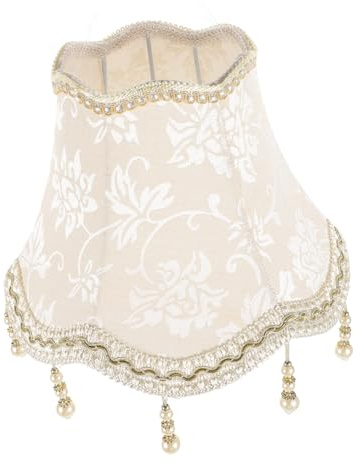 Lampenschirm für Schreibtischlampe aus Gewebe und Metall Beige | Lampenschirm Altmodisch, E27 Fassung, Blumenmuster mit Perlenanhänger und Fransen
