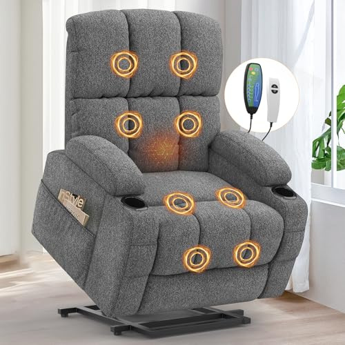 Srfzluxy Lift Chair for elderly, Recliner Armchair with Massage and Back Heating, Extended Footrest, Reclining Sofa Chairs with Type C+USB, 2 Cup Holders & 4 Sides Pockets