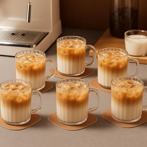 Set of 6 Striped Borosilicate Glass Coffee Mug with Handle, 300ml Heat Resistant Clear Glass Cup for Hot Tea, Latte, Cappuccino, Espresso, Cold Drinks, Lightweight Dishwasher Safe Modern Design