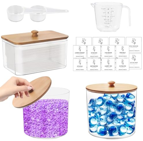 Almacenamiento de detergente, 3 unidades de contenedores de lavandería, caja de detergente con tapa de bambú, con 16 etiquetas impermeables, caja de almacenamiento de baño para almohadillas de lavado