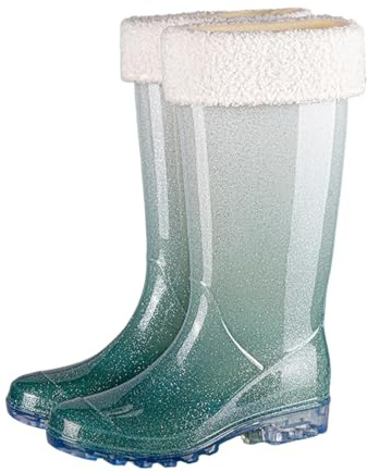 Stivali di gomma da donna per festival, colorati, antiscivolo, alti, impermeabili, alla moda, con brillantini, in gomma, larghi polpacci, da giardino, stivali da pioggia, verde, 37 EU