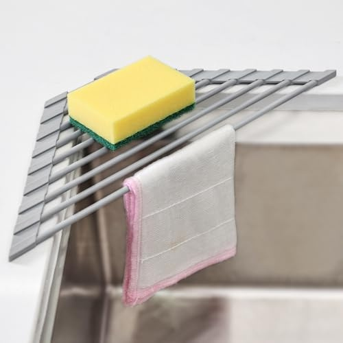 KitchenRaku Dreieckiges Abtropfgestell Geschirr 40.8x7.2cm | Faltbare Matte für das Waschbecken in der Küche | 304 Edelstahl/Silikon | Als Abtropf für die Küchenspüle (Grau)