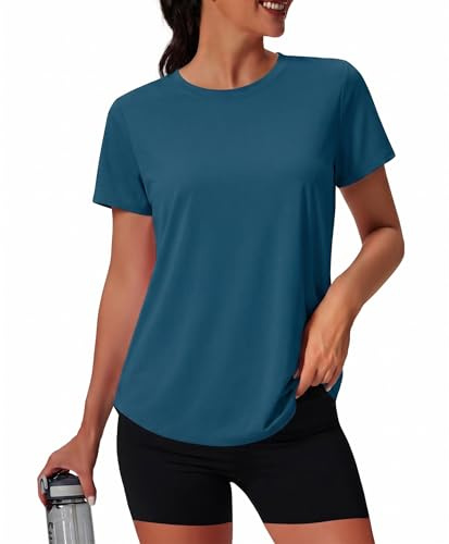 PINSPARK Damen Sportshirt Kurzarm Rundhals UPF 50 Sonnenschutz Yoga Fitness | Ultraleicht ISCC PLUS, Rundhals, Schnelltrocknend Atmungsaktiv, figurformender Kurvensaum, Yoga Fitness Laufen Outdoor