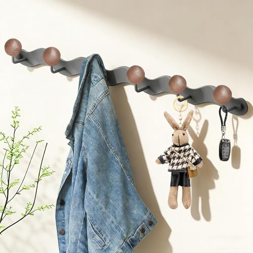 ATTEEFI Etagere Porte Manteau, 46 cm Patères Portemanteaux pour Entrée, Gris Porte Manteaux Muraux, 6 Crochets, avec Accessoires de Montage, pour Salon, Salle de Bain, Chambre