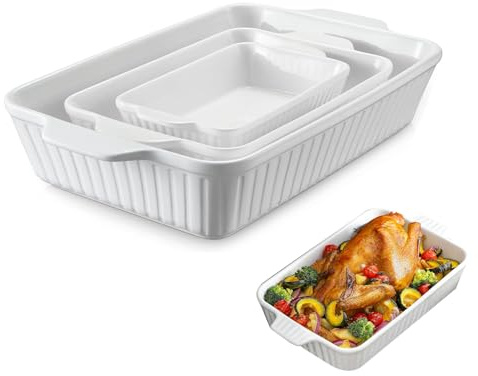 Ceramic Casserole Dish Baking Dish, 3 Pack Lasagne Dishes for Oven | Rectangular Baking Pan with Handles, Oven Safe and Durable Bakeware for Lasagna, Gifts for Mother.