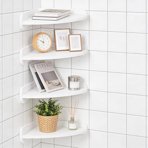 Guittly White Corner Shelves Wall Mount, Set of 3 White Oak Wood Floating Corner Wall Shelves, Small Corner Shelf for Bedroom, Bathroom, Kitchen, Plant Stand (White)