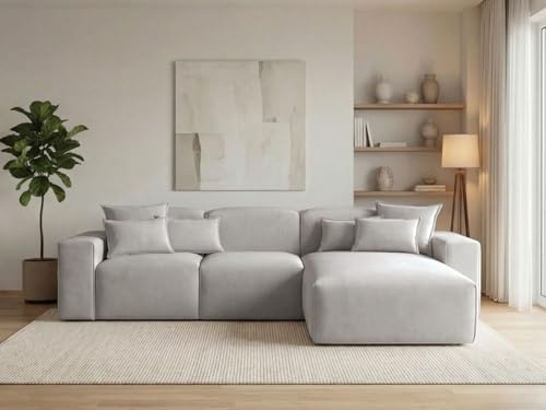 GRAINGOLD Leni Ecksofa 265x180 cm, L-Form Sofa, Ecksofa für Wohnzimmer, Geflechtstoff, 3-Sitzer Eckcouch, Modernes Design (Grau, Rechts)