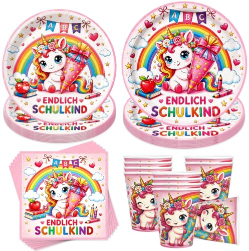 Shengruili 50 Stück Einschulung Partygeschirr Set,Einhorn Einschulung Pappteller,Schulanfang Party Deko, Schulstart Geburtstag Geschirr mit Teller Becher Servietten,Party Geschirr für 10 Gäste