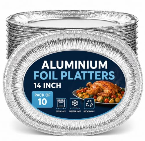 Serving Platters 14 Inch Large Aluminium for Party Food - Pack of 10 - Aluminium Foil Trays - 35x24cm / 14 - Oven & Freezer Safe Buffet Serving Platters for Parties, Sliver