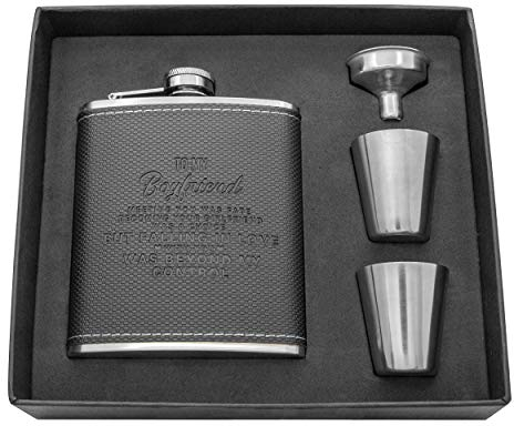 Flachmann-Set mit Gravur, personalisierbar, Edelstahl mit Leder-Flachmann, Geschenk für den Freund, Geschenk für Männer, Hochzeitsgeschenke, Freund, Mann Hip-Geschenk-Set (schwarz für den Freund)