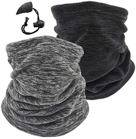 Fleece Neck Warmer Thermal Snoods Unisex Thick Winter Cold Weather Knitted Circle Scarf for Cycling Motocycle Sports (2 pack black+grey string)