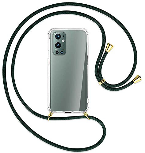 mtb more energy® Handykette kompatibel mit OnePlus 9 Pro (6.7'') - dunkelgrün/Gold - Smartphone Hülle zum Umhängen - Anti Shock Full TPU Case
