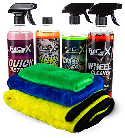 Kit Limpieza Exterior Coche FullCarX + Accesorios Microfibras - Car Detailing - Limpia Llantas, Cera Líquida, Limpia Cristales, Jabón Champú Neutro - 750 ml. Unidad
