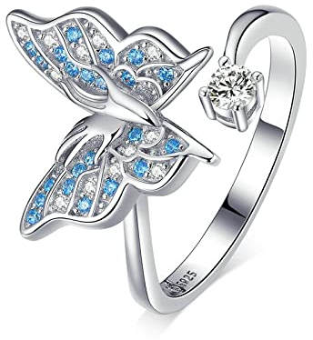 YANQSHM Damenring Silber 925,Vintage Verstellbare Ringe Eleganter Blauer Zirkon Schmetterling Silberringe Weihnachtsschmuck Geschenk Eheringe Für Damen Damen