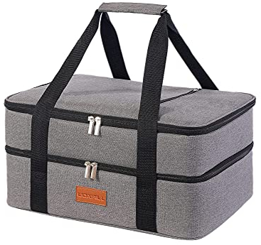 Lunch Bag Insulated Thermal Food Carrier Insulated Double Decker Casserole Carrier for Hot or Cold Food,Insulated Tote Bag for Potluck Cookouts Picnic,Lasagna Holder,Fits 9x13 Baking Pan,Gray