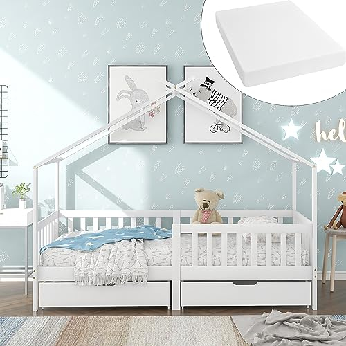 (Mit Matratzen) Schönes Hausbett, Kinderbett, mit 2 Schubladen, Massivholz mit Zaun und Lattenrost, Kinder- und Jugendzimmer mit Absturzsicherung, weiß (200x90 cm)