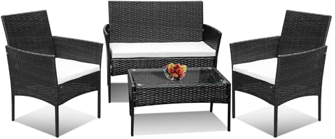 Ansobea Polyrattan Gartenmöbel Set,4 Personen mit 2er Sofa 2 Stühle Tisch & Sitzkissen wetterfest Sitzgruppe,Schwarz Terrassenmöbel Balkonmöbel Set für Garten Terrasse und Balkon