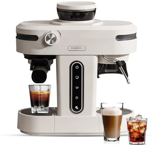 Mcilpoog AC510 - Macchina per caffè espresso semi-automatica da 15 bar, con grinder & Steam, 3 in 1, con serbatoio dell'acqua rimovibile da 28 oz per cappuccino o latte, regalo per papà (bianco crema)