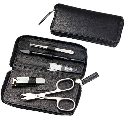 Sonnenschein by Hans Kniebes | Maniküre Set 5 teilig | Nagelschere, Nagelknipser, Nagelfeile, Pinzette, Maniküre-Hufstab| Edelstahl rostfrei | Nagelpflegeset Nappa-Schafleder Manicure Etui