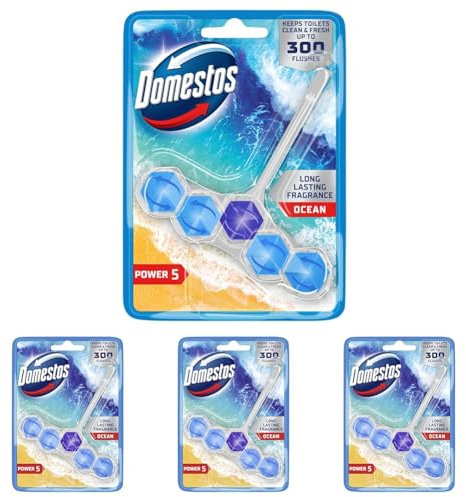 Domestos Power 5 Ocean Toilet Rim Block toilet freshener with a long-lasting fragrance cleans and freshens for up to 300 flushes 50 g (Pack of 4)