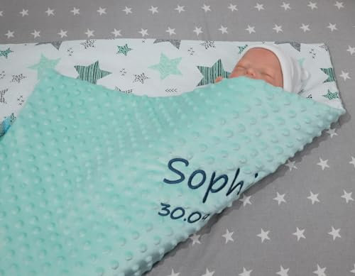 Generisch ★ Babydecke mit Namen und Motiv Bestickt ★ 75x100 cm ★ Baumwolle ★ Füllung ★personalisiert (Minze - Minze Sternen, 75 x 100 cm)