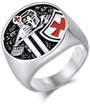 BlackAmazement 316L Edelstahl Ring Medieval Knight Ritter Paladin Templer Kreuz Schild Tempelritter Kreuzritter Kreuzfahrer silber rot Herren Damen (65 (20,7))